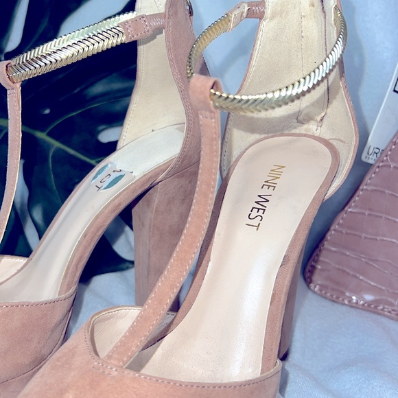 Nine West T-Strap Suede Blush Gold Strap platform Heels sz 7 - Picture 3 of 4